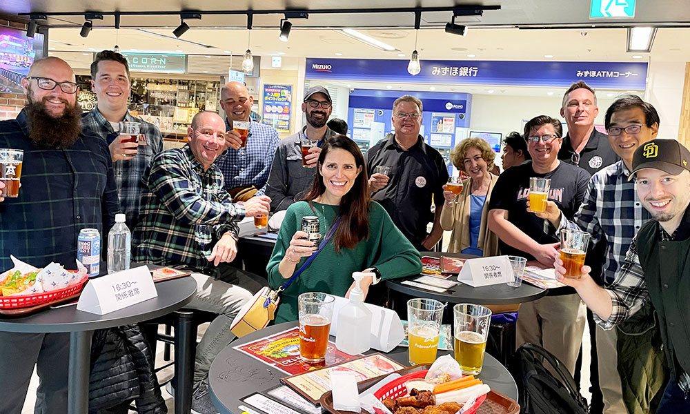 large group enjoying craft beers at delegation in japan