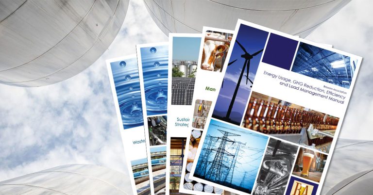 sustainability manual covers over image of brewery grain bins against sky