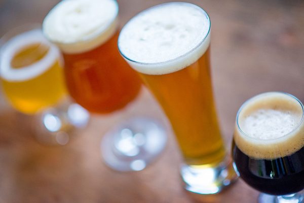 various beer styles and glassware viewed from above