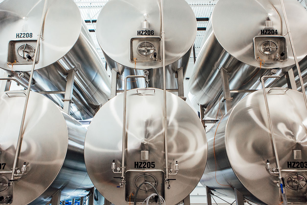 Two rows of brewing equipment
