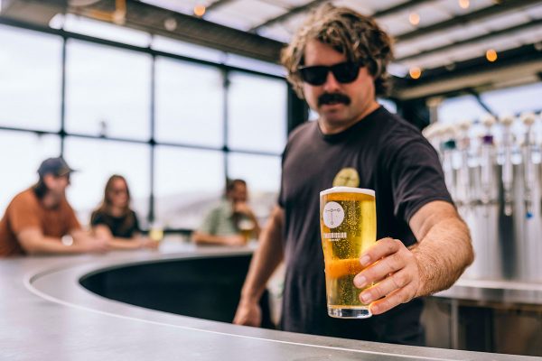 Beertender in sunglasses serving beer at bar