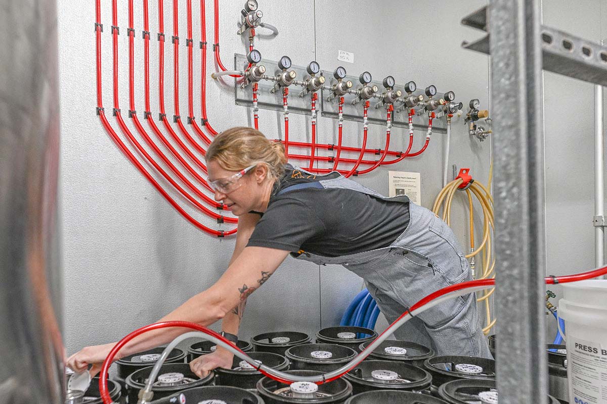 Woman hooking up kegs CO2 lines