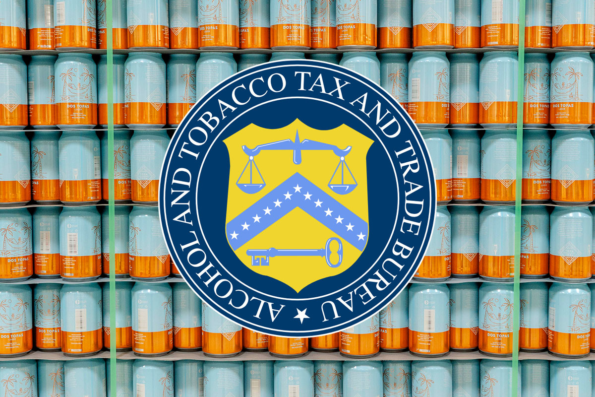 Alcohol and Tobacco Tax and Trade Bureau Logo in front of beer cans.