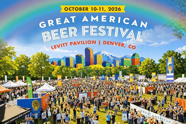Rendering of the Great American Beer Festival, showing a crowd outside at Levitt Pavilion in Denver