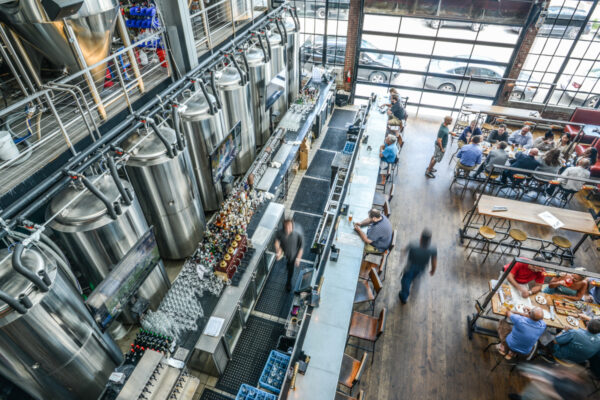 top-down view of a busy taproom