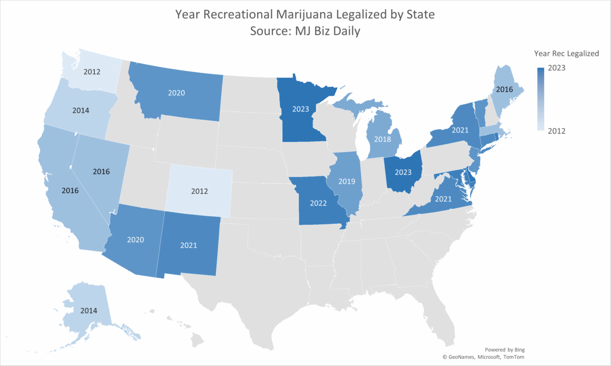 Map of US with year of recreational cannabis legalization indicated