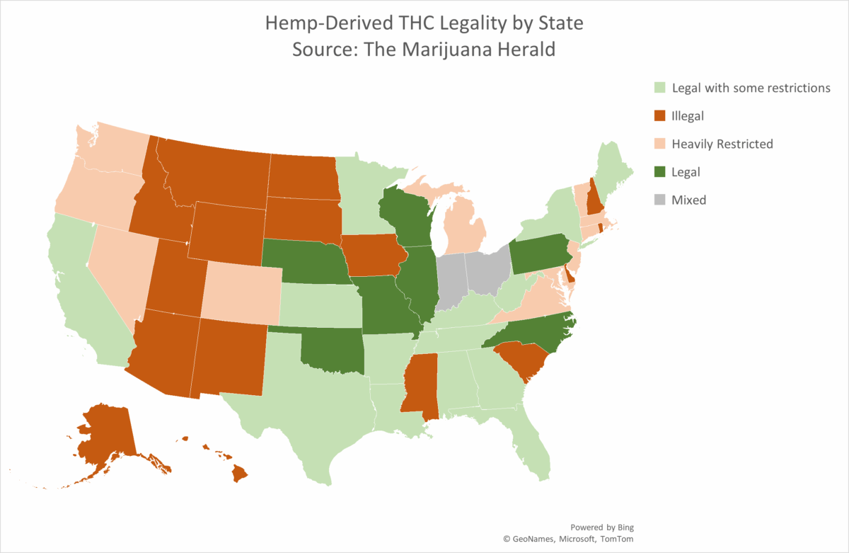 Map of US with state coding for regulatory status for hemp-derived THC products