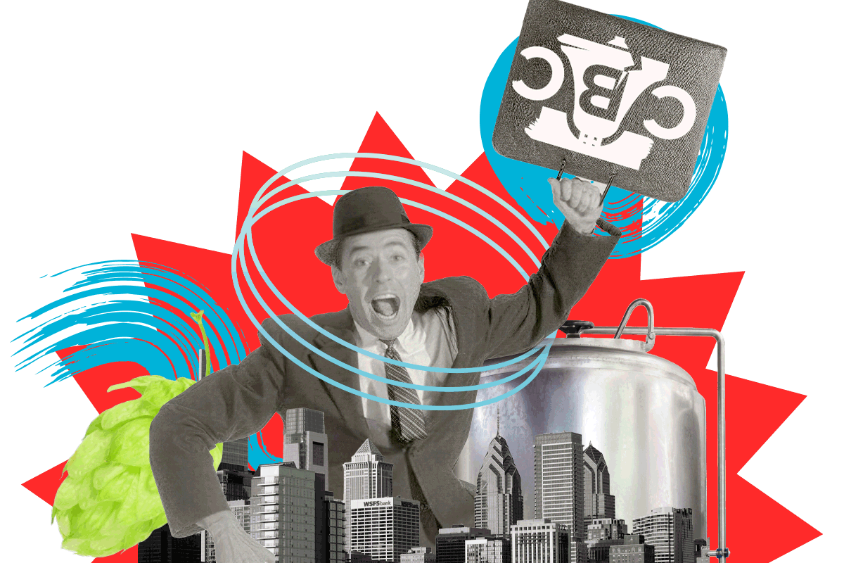 Collage of business man carrying a brief case with CBC branding