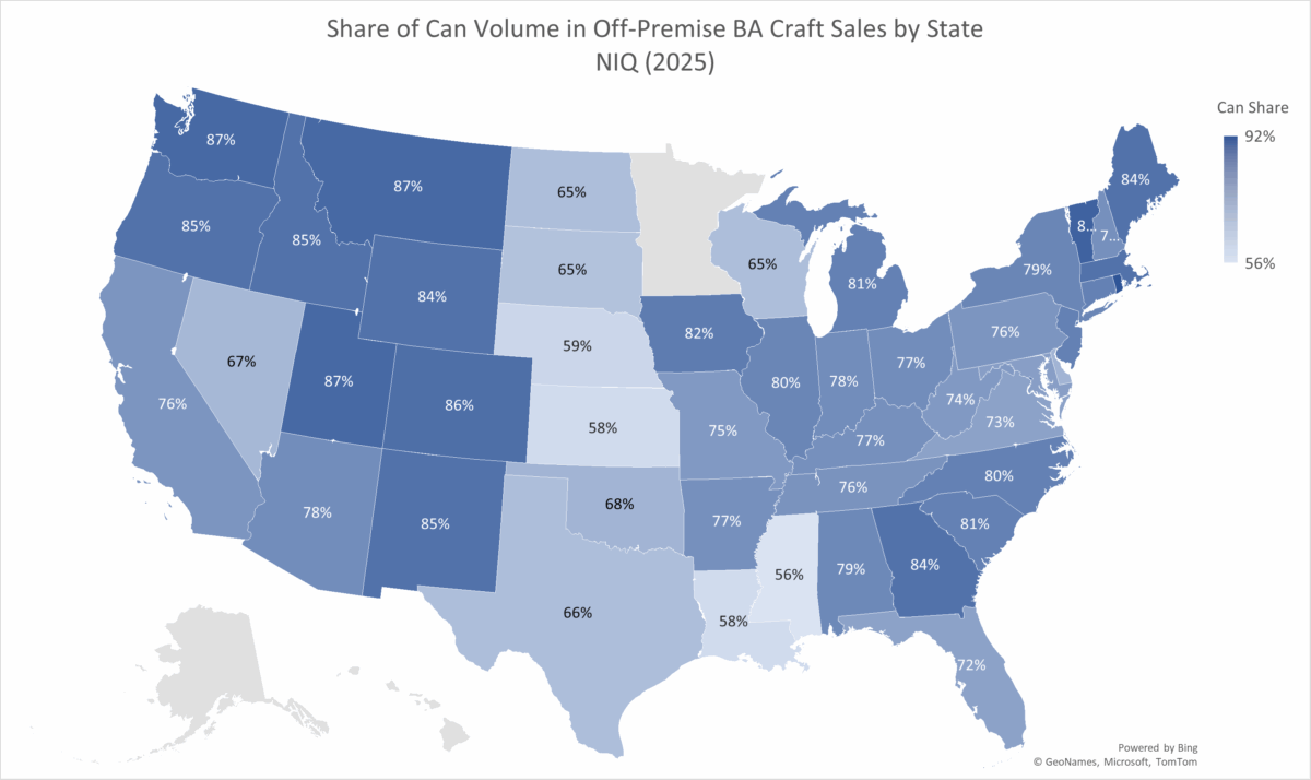 Map of can volume of off-premise craft sales by state (2025)