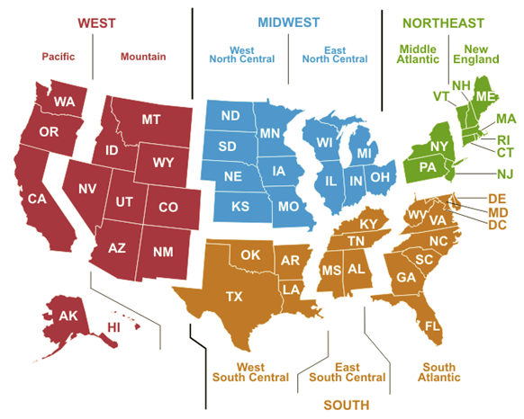 Map of breakdown of Census divisions across the US
