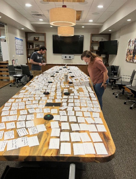 BA staffers looking at notecards arranged on conference room table