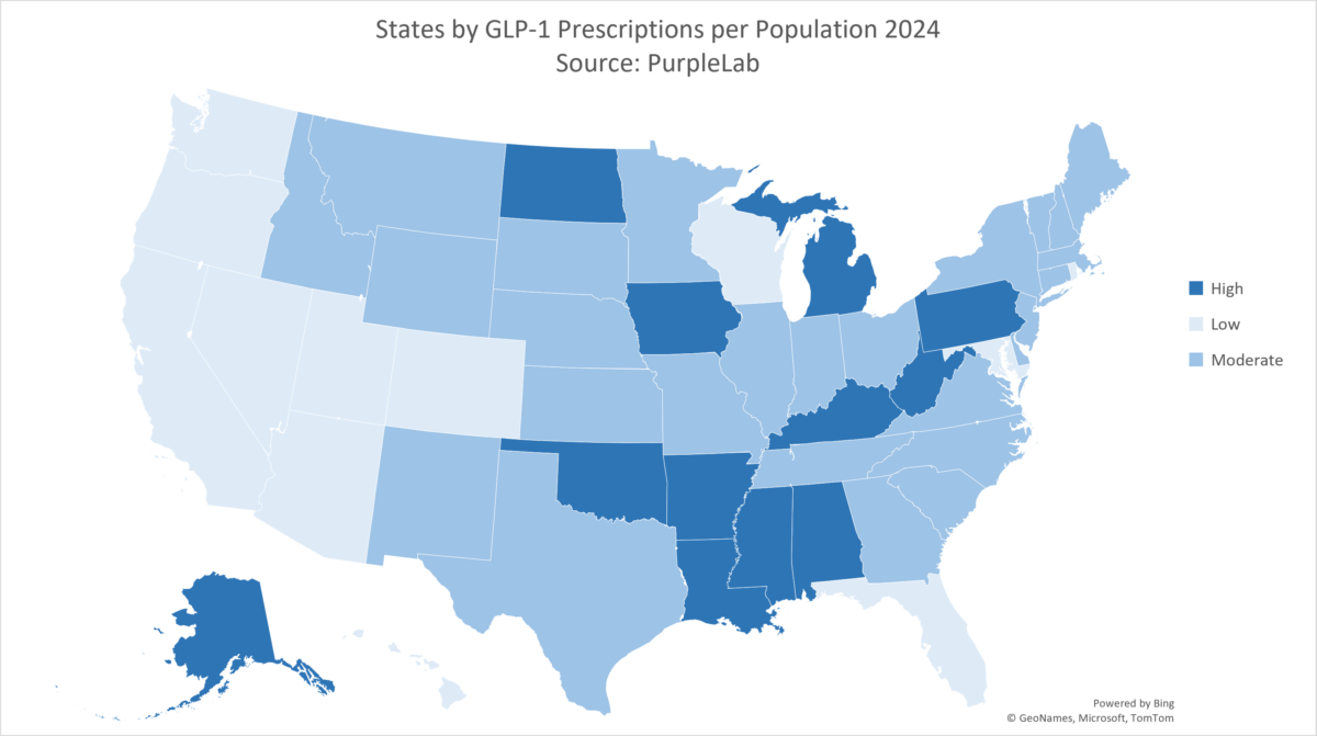 Map of US by states with GLP-1 prescriptions per population 2024
