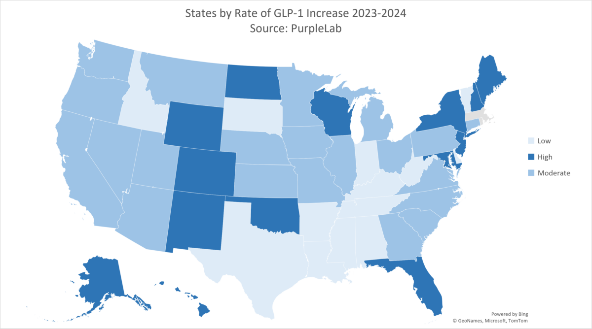Map of US by states with GLP-1 prescriptions per population rate increase between 2023-2024